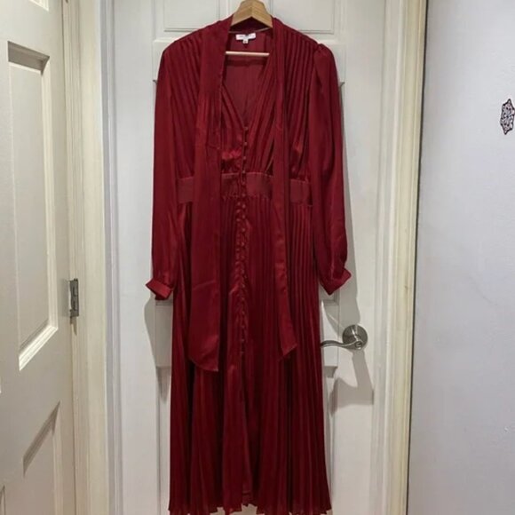 NWT Women’s Equipment Macin Red Wine Pleated Bow Midi Dress size 10 - Picture 6 of 11